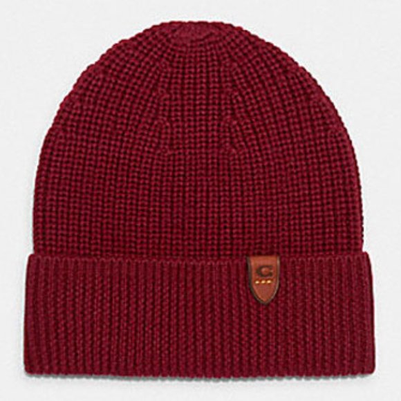 COACH Beanie Hat Wool Cherry Red NWT Leather C Tag - Picture 1 of 6